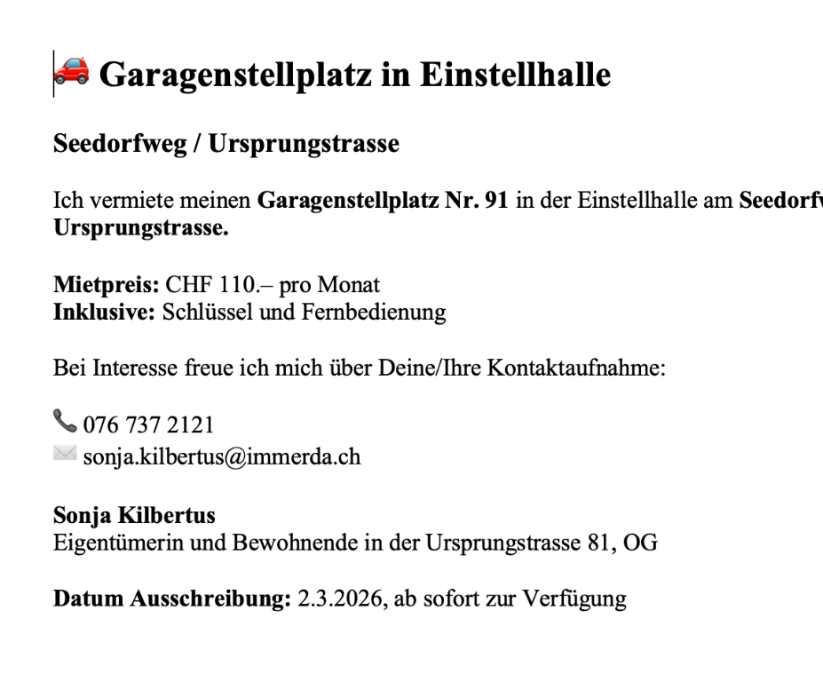 Parkplatz Einstellhalle Seedorfweg in Muri - Bild 1
